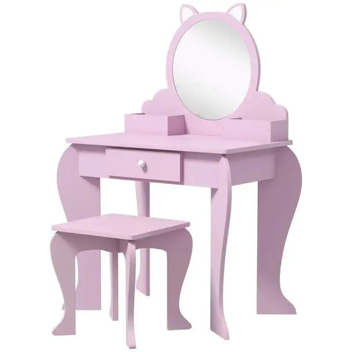 Pink kids vanity table set with cat-shaped mirror and matching stool