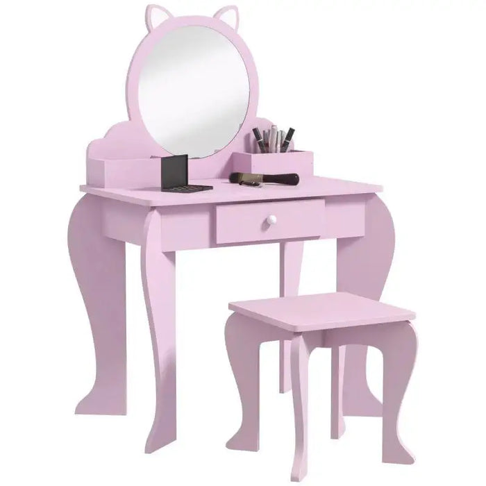 Pink kids vanity table set with cat-shaped mirror, stool, and makeup accessories