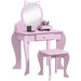 Pink kids vanity table set with cat-shaped mirror, stool, and makeup accessories