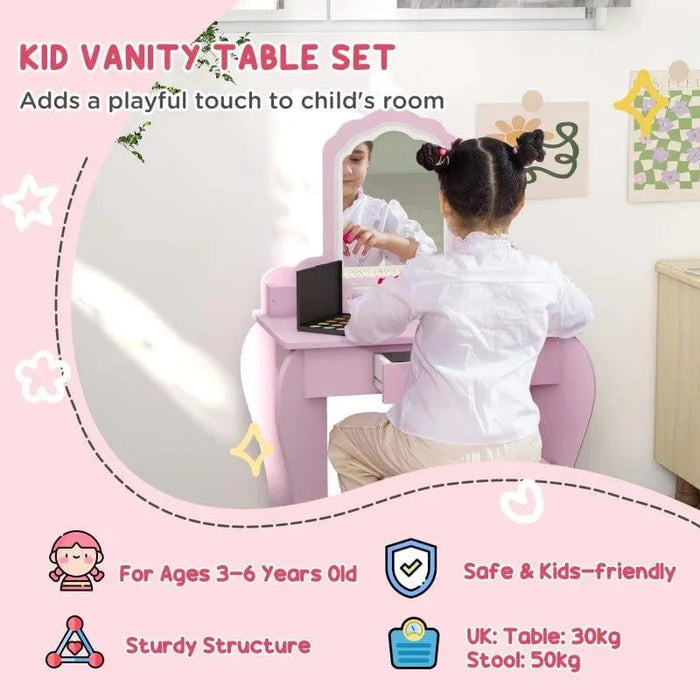 Child using pink kids vanity table set with mirror and chair in a playful room setting