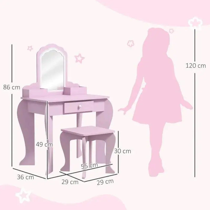 Pink kids vanity table set with mirror, stool, dimensions, cloud design, and girl silhouette
