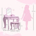 Pink kids vanity table set with mirror, stool, dimensions, cloud design, and girl silhouette