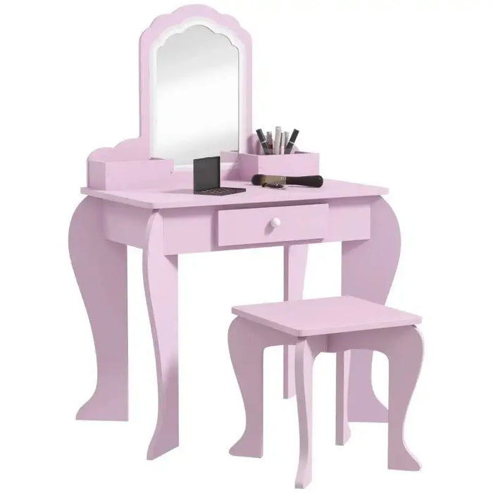 Pink kids vanity table set with mirror, stool and makeup accessories