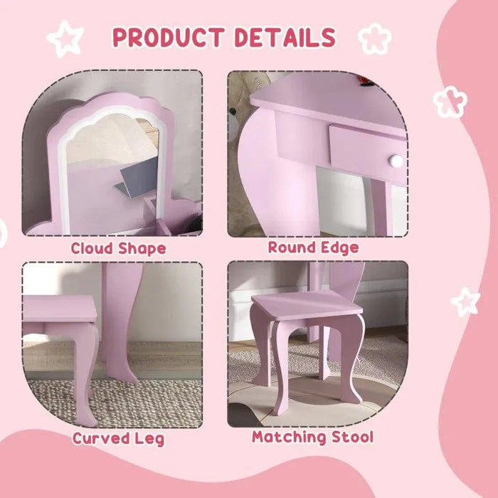 Pink kids vanity table set with cloud mirror, curved legs, round edges, and matching stool.