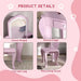 Pink kids vanity table set with cloud mirror, curved legs, round edges, and matching stool.