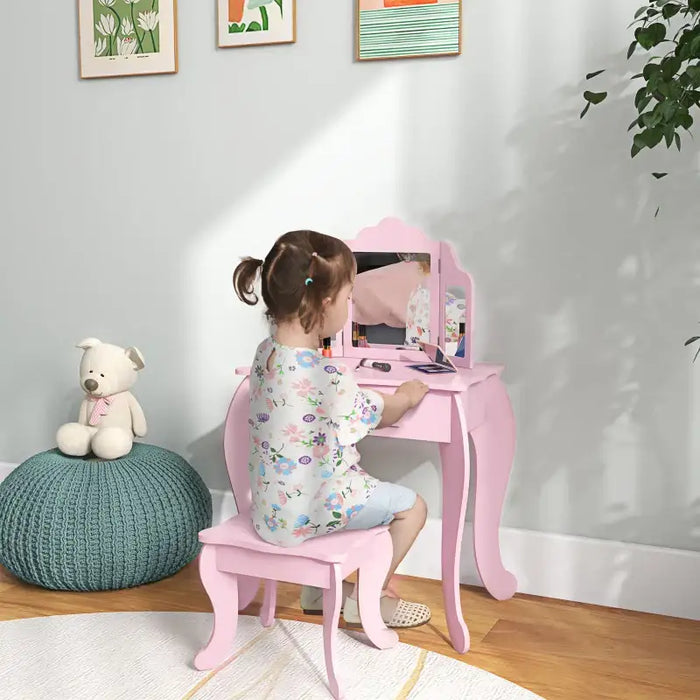 Kids Vanity Table Set – Pink | Dressing Table with Stool - Triple Mirror Design HOMCOM - Little and Giant Explorers HOMCOM