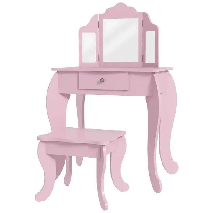 Kids Vanity Table Set – Pink | Dressing Table with Stool - Triple Mirror Design HOMCOM - Little and Giant Explorers HOMCOM