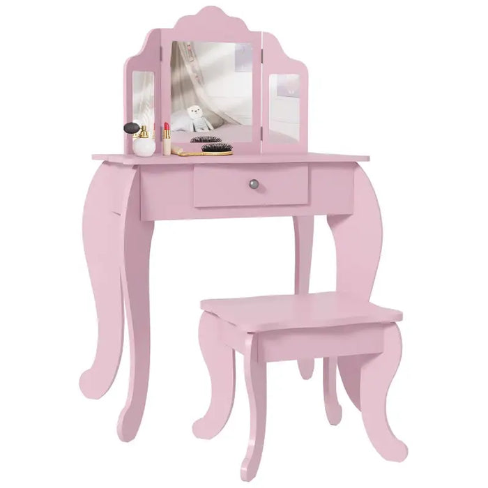 Kids Vanity Table Set – Pink | Dressing Table with Stool - Triple Mirror Design HOMCOM - Little and Giant Explorers HOMCOM