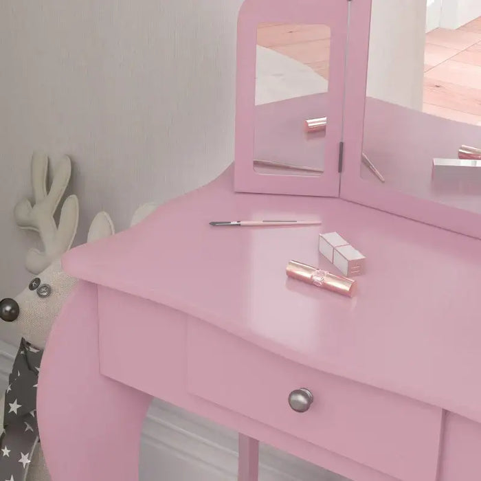 Kids Vanity Table Set – Pink | Dressing Table with Stool - Triple Mirror Design HOMCOM - Little and Giant Explorers HOMCOM