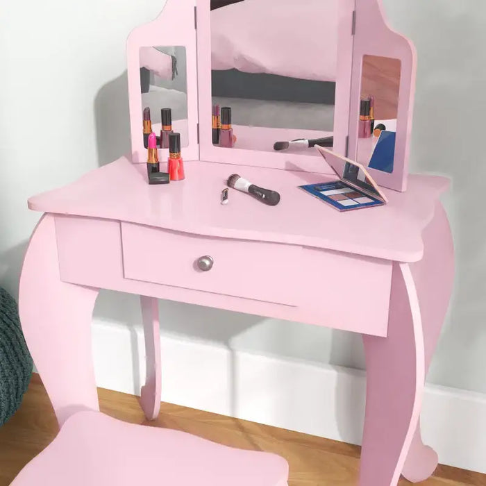 Kids Vanity Table Set – Pink | Dressing Table with Stool - Triple Mirror Design HOMCOM - Little and Giant Explorers HOMCOM