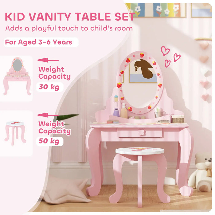Kids Strawberry Theme Vanity Table with Stool and Mirror - Little and Giant Explorers AIYAPLAY