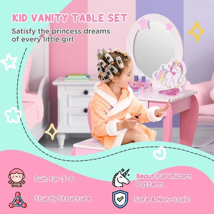 Pink kids' vanity table set with unicorn mirror, matching stool, and little girl playing.