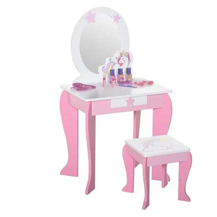 Pink kids vanity table set with oval mirror, unicorn design, matching stool, and toy accessories.