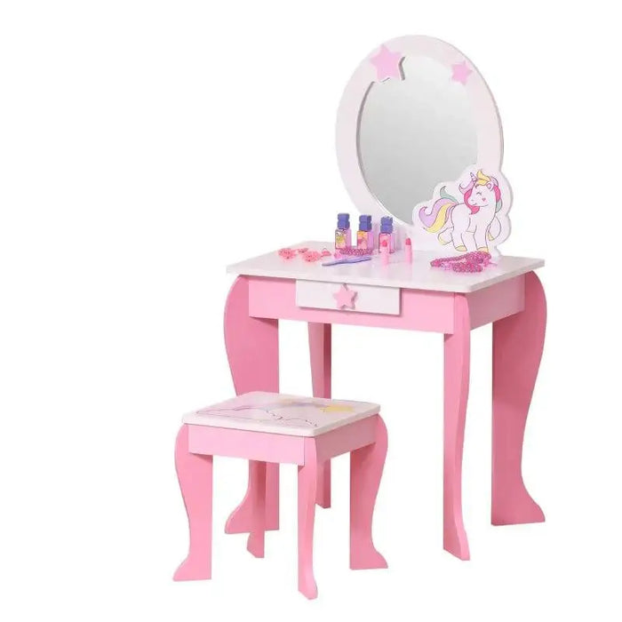 Kids pink vanity table set with oval mirror, unicorn design, matching stool, and play accessories