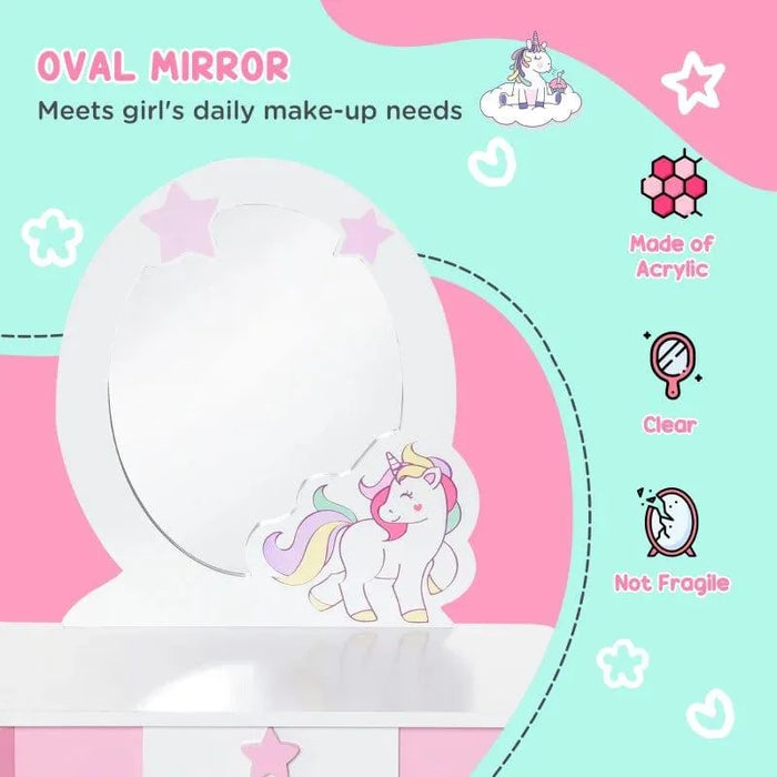 Kids vanity table with oval acrylic mirror, pink unicorn design, stars, and pastel colors