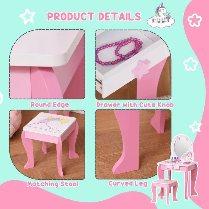 Pink kids vanity table set with oval mirror, matching unicorn stool, and cute knob drawer
