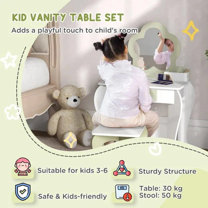 Child sitting at white and green kids' vanity table set with mirror and matching stool in bedroom.