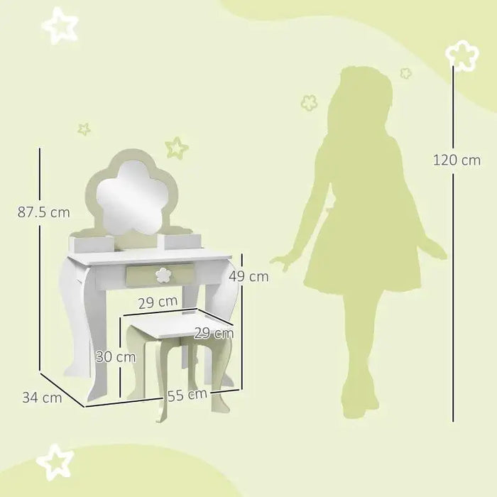 Kids vanity table set white and green flower design with matching stool and drawer, size diagram