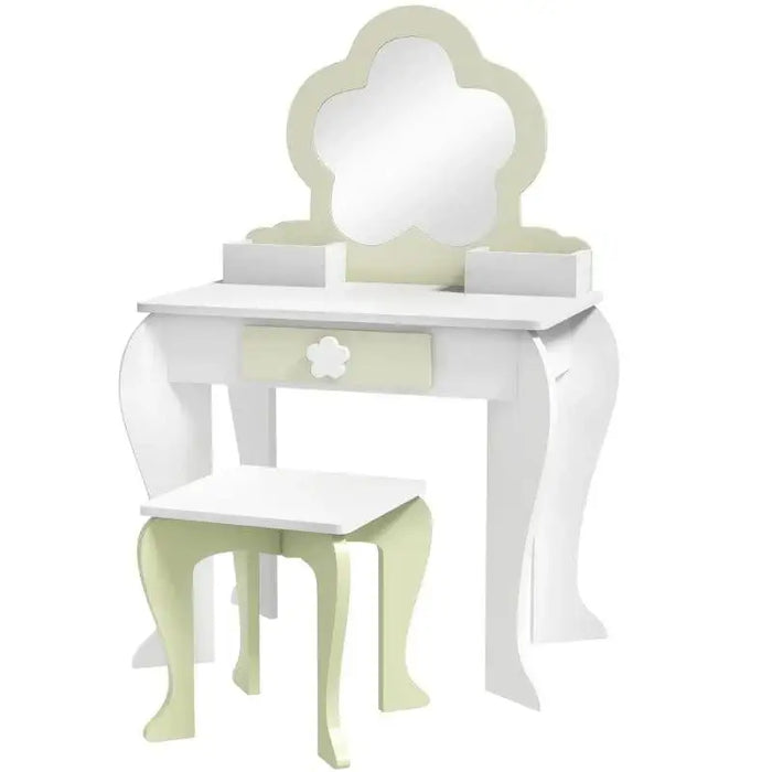 Kids white and green vanity table set with flower mirror, matching stool, and drawer