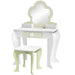 Kids white and green vanity table set with flower mirror, matching stool, and drawer