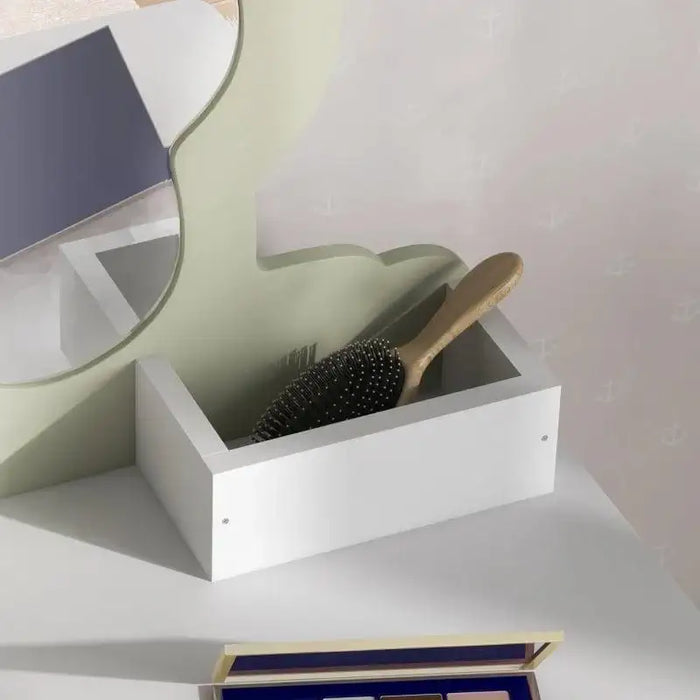 White kids vanity table set with mirror and drawer, wooden hairbrush inside