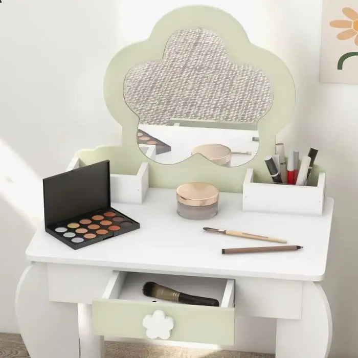 Kids white and green vanity table set with flower mirror, makeup, and matching drawer