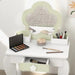 Kids white and green vanity table set with flower mirror, makeup, and matching drawer