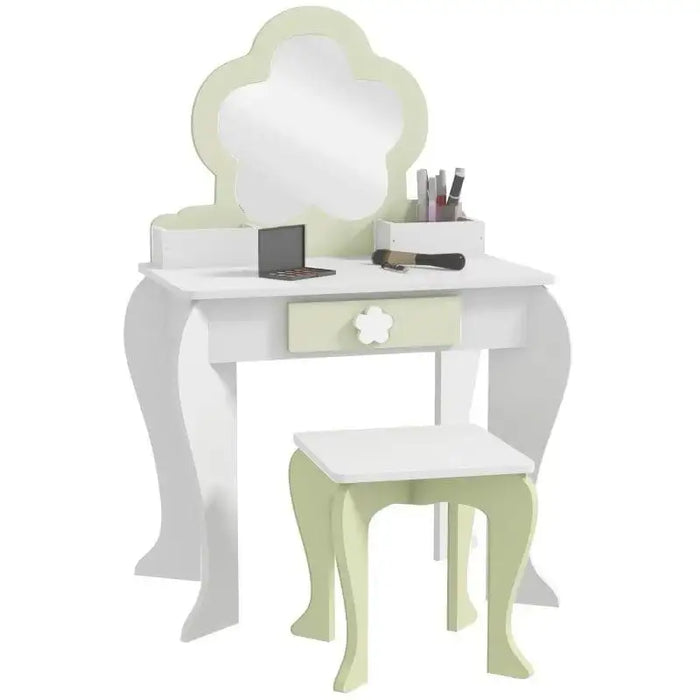 Kids vanity table set with flower mirror, white and green, matching stool and drawer