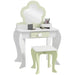 Kids vanity table set with flower mirror, white and green, matching stool and drawer