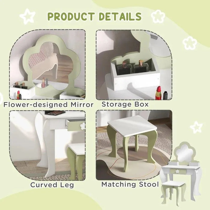 Kids white and green vanity table set with flower-shaped mirror, storage box, curved legs, and matching stool.