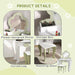 Kids white and green vanity table set with flower-shaped mirror, storage box, curved legs, and matching stool.