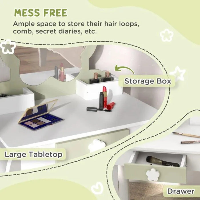 Kids white and green vanity table set with flower design, large tabletop, storage box, and drawer