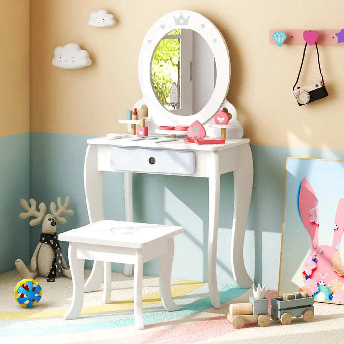 Kids Vanity Table Set – White | Removable Mirror, Stool and Accessories COSTWAY - Little and Giant Explorers Costway