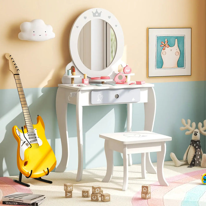 Kids Vanity Table Set – White | Removable Mirror, Stool and Accessories COSTWAY - Little and Giant Explorers Costway