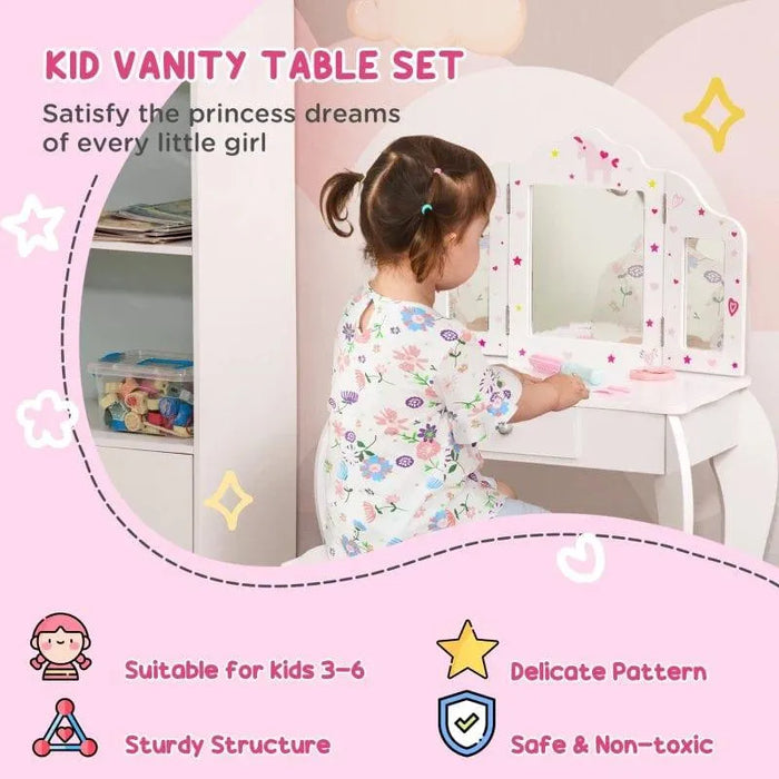 Toddler using white kids vanity table set with triple mirror, stars, hearts, and stool.