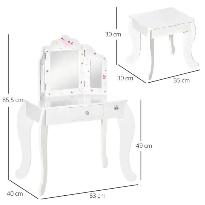 Kids white vanity table set with stars, hearts, triple mirror design, matching stool, and dimensions
