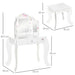 Kids white vanity table set with stars, hearts, triple mirror design, matching stool, and dimensions