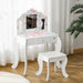 Kids white vanity table set with triple mirror, stars and hearts design, and matching stool