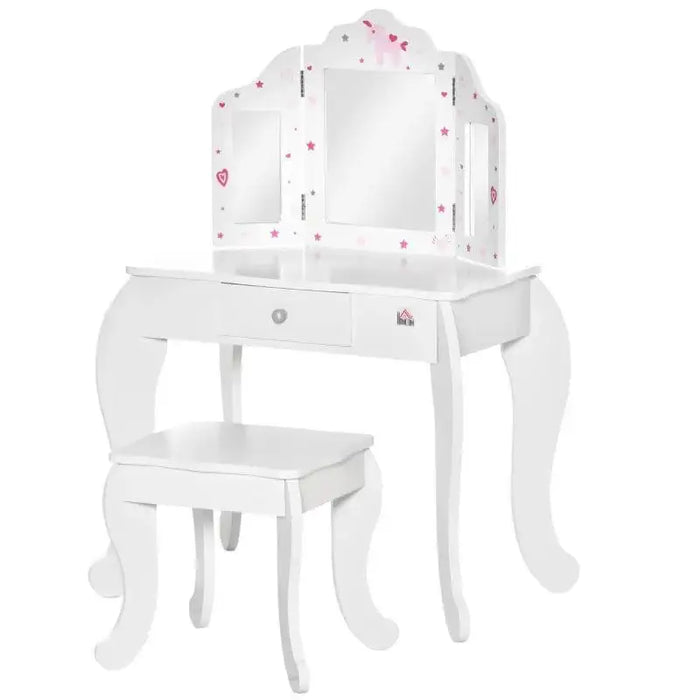 Kids white vanity table set with stool, triple mirror, pink stars and hearts design