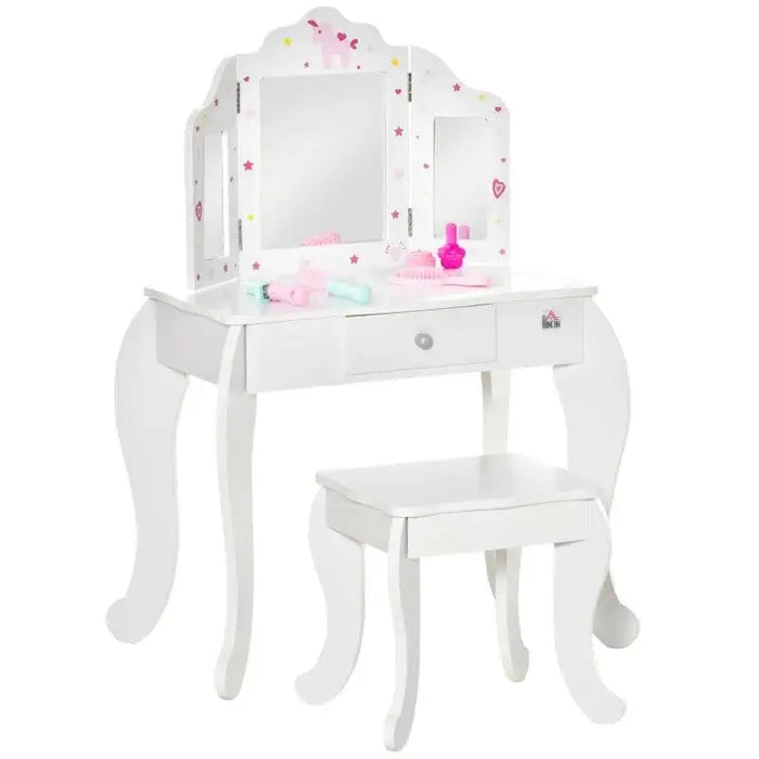 Kids white vanity table set with triple mirror, stars, hearts, and matching stool