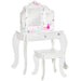 Kids white vanity table set with triple mirror, stars, hearts, and matching stool