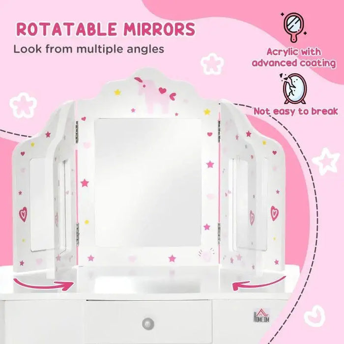 Kids vanity table set with white rotatable triple mirrors, stars and hearts design