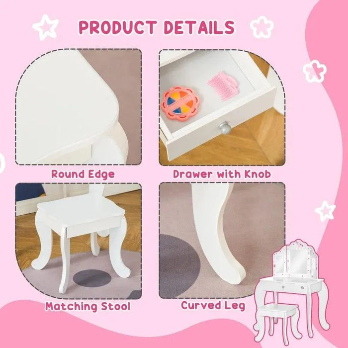 Kids white vanity table set with stars, hearts, triple mirror, stool, round edges, and drawer.