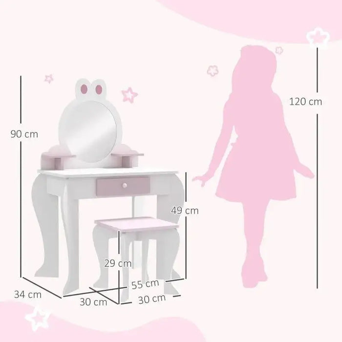 Kids white and pink vanity table with bunny design stool, mirror, drawer, and size guide.