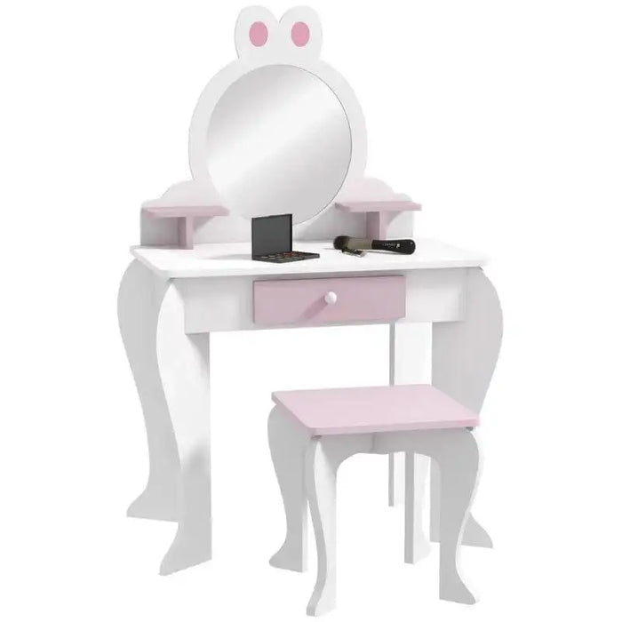 Kids vanity table white and pink with bunny design, mirror, drawer, and matching stool