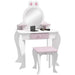 Kids vanity table white and pink with bunny design, mirror, drawer, and matching stool