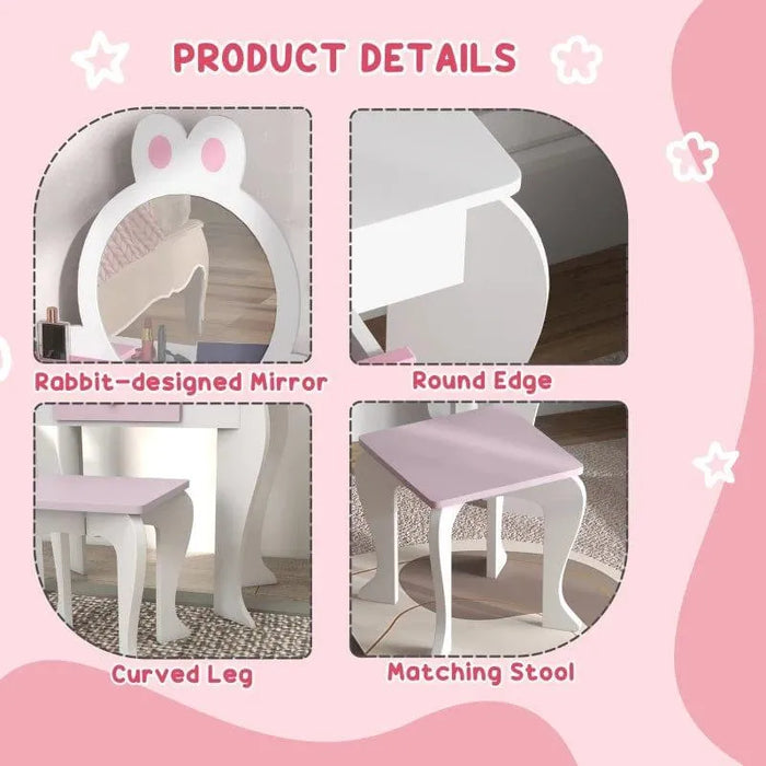 Kids white and pink vanity table with bunny mirror, curved legs, round edges, matching stool