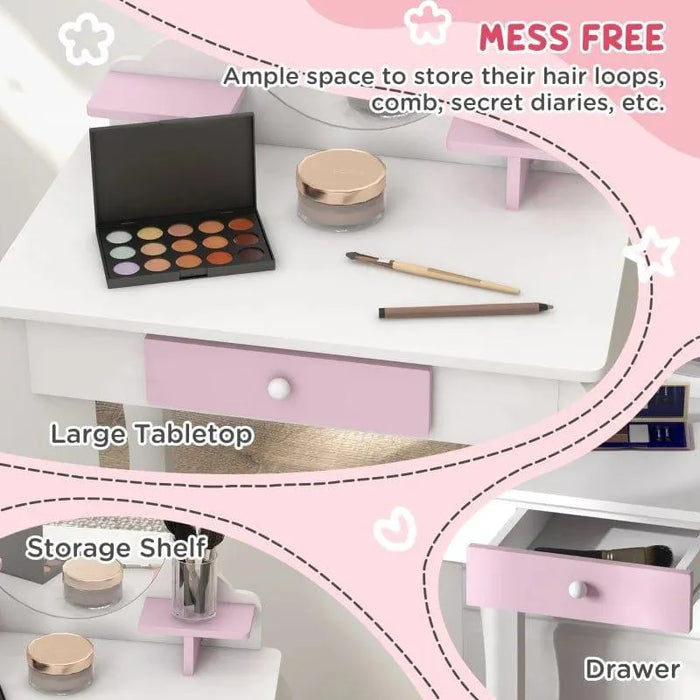 White and pink kids vanity table with mirror, makeup set, storage shelf, and drawer.