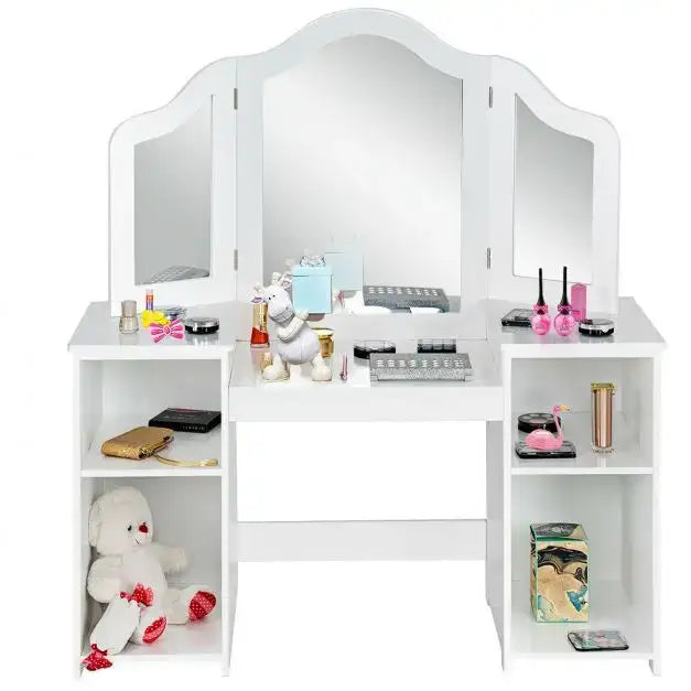 Kids Vanity Table – White | Tri-Folding Mirror and Storage Compartments COSTWAY - Little and Giant Explorers Costway