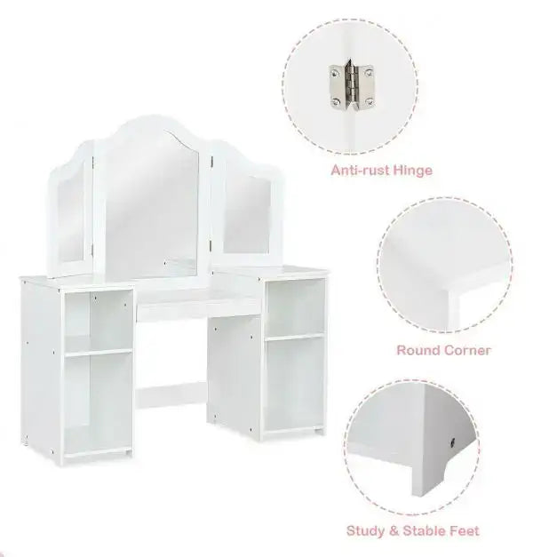Kids Vanity Table – White | Tri-Folding Mirror and Storage Compartments COSTWAY - Little and Giant Explorers Costway